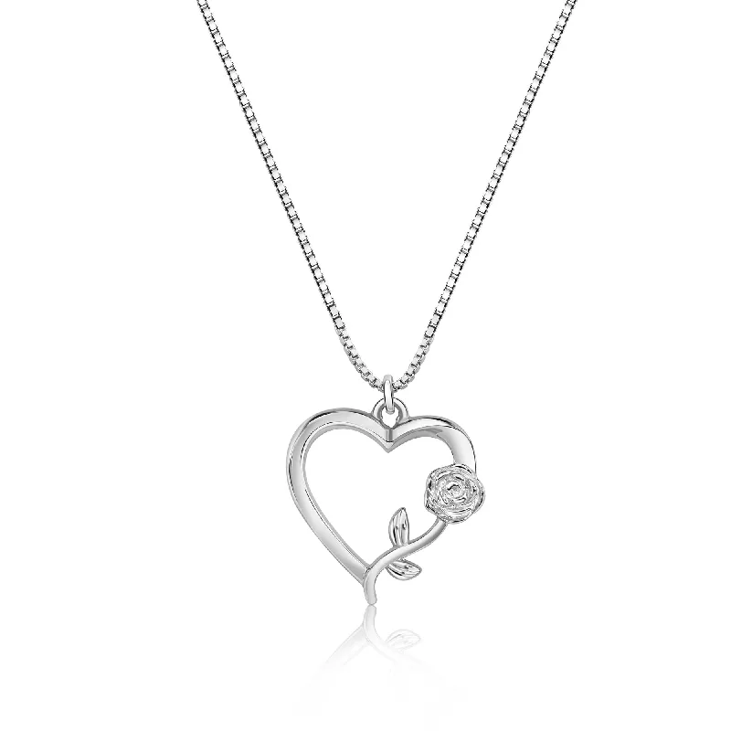 Beautiful necklaces and pendants with gemstone teardrops for an elegant effect-Rhodium Plated 925 Sterling Silver Heart Rose Necklace Pendant - SOP00183