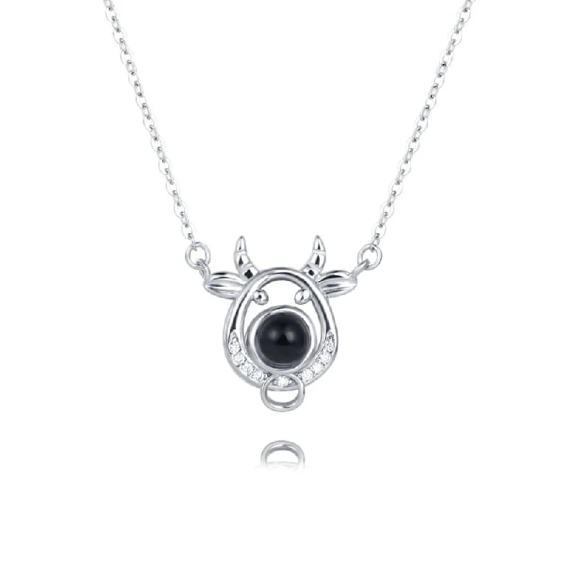 Necklaces and pendants with lock and key designs for a symbolic gesture-Chinese Zodiac Ox CZ Projection Necklace with Picture inside