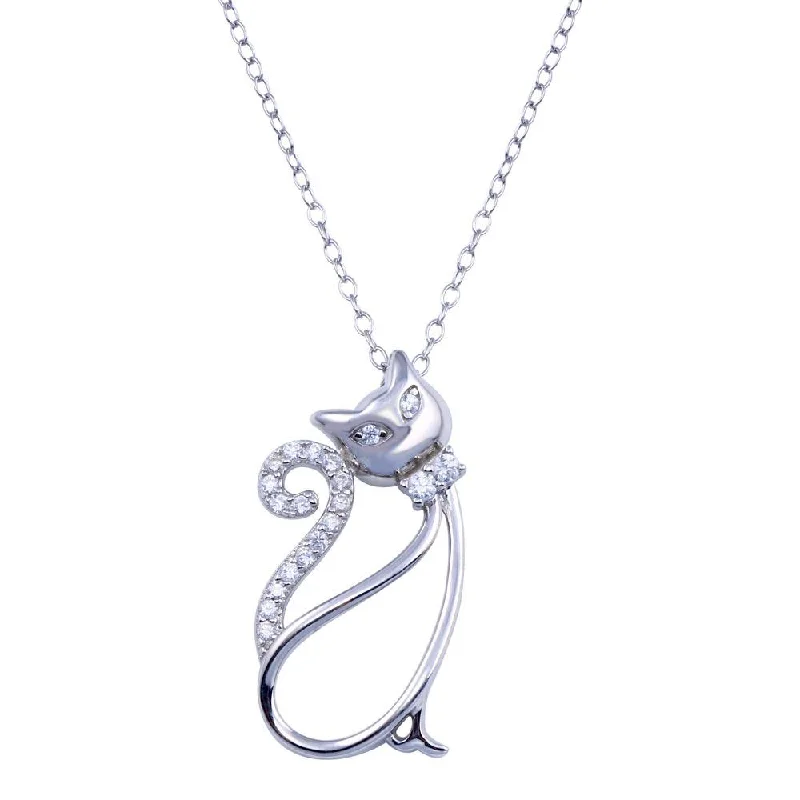 Best necklaces and pendants with personalized coordinates for a special keepsake-Rhodium Plated 925 Sterling Silver Clear CZ Cat Necklace - BGP01404