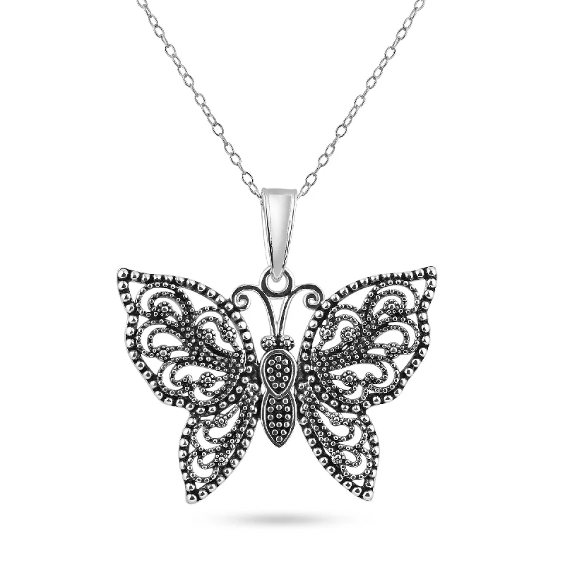 Elegant necklaces and pendants with diamond accents for added sparkle-Oxidized 925 Sterling Silver Beaded Butterfly Pendant Necklace - BGP00697