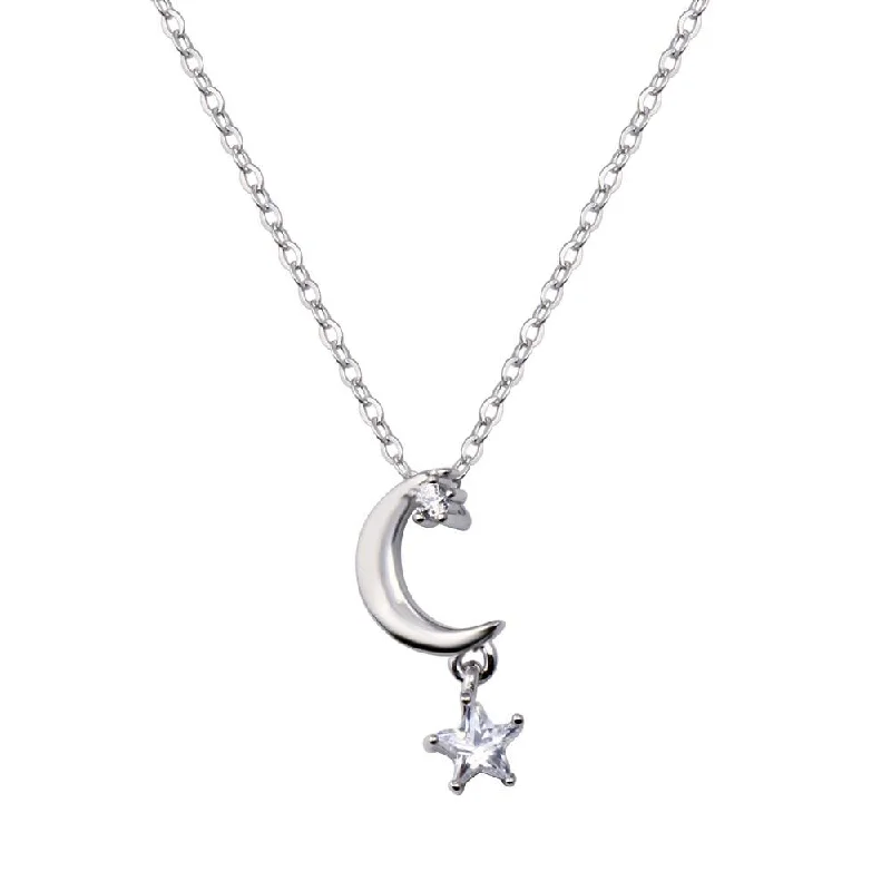 Best necklaces and pendants with butterfly wings for a delicate, graceful style-Rhodium Plated 925 Sterling Silver Moon and Clear CZ Star Pendant Adjustable Necklace - STP01833