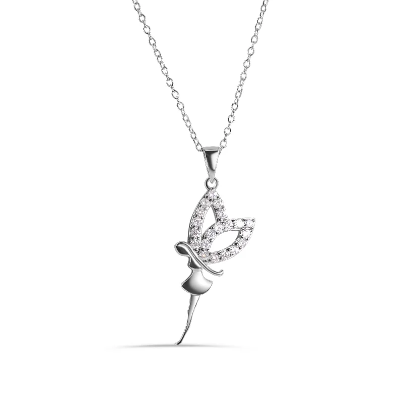 Best necklaces and pendants with sterling silver for an affordable yet stylish choice-Rhodium Plated 925 Sterling Silver Fairy with Clear CZ Wings Adjustable Necklace - STP01349