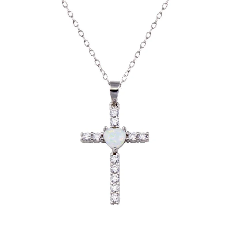 Beautiful necklaces and pendants with natural stones for an earthy, organic vibe-Rhodium Plated 925 Sterling Silver Cross Heart Opal Clear CZ Necklace - BGP01438