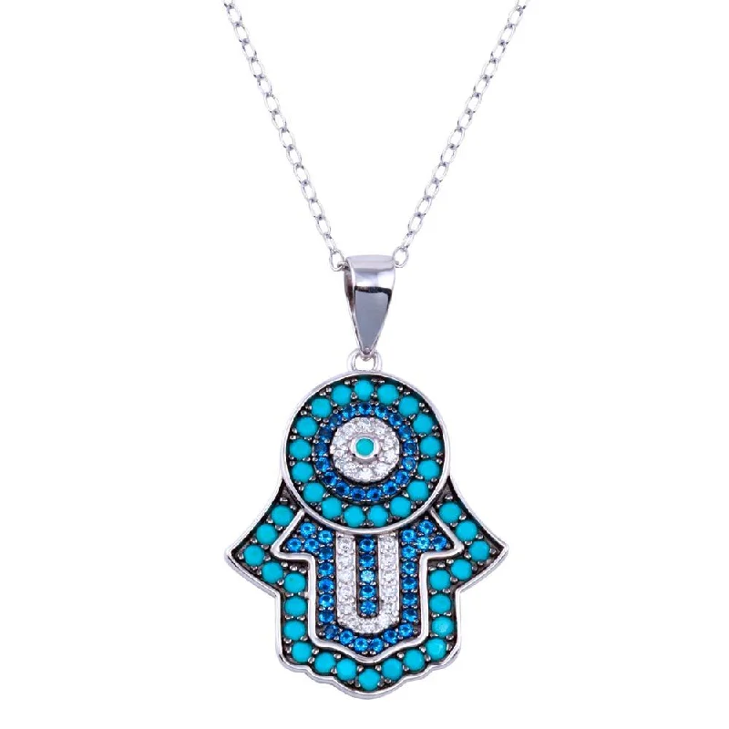 Beautiful necklaces and pendants with gemstone teardrops for an elegant effect-Rhodium Plated 925 Sterling Silver Turquoise Hamsa Clear and Blue CZ Necklace - BGP01427