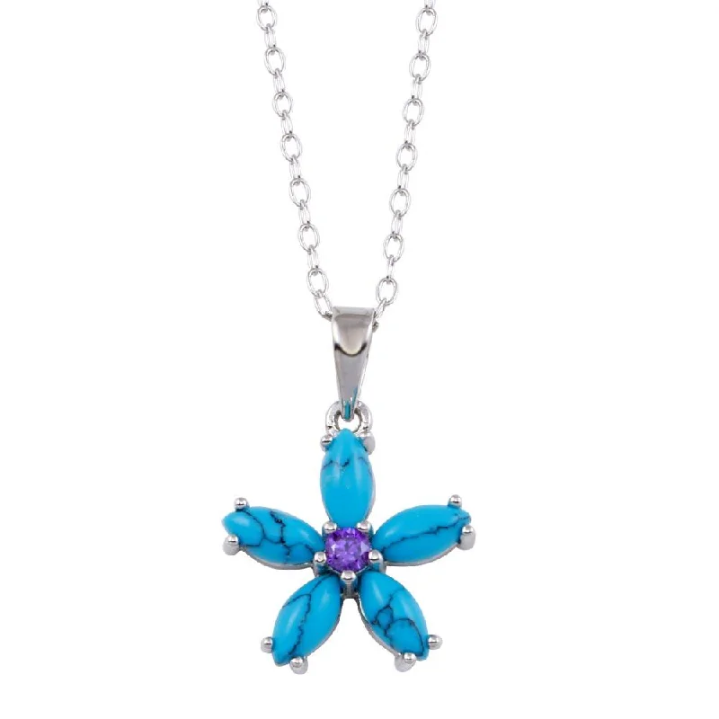 Necklaces and pendants with lotus flower designs for a spiritual, peaceful vibe-Rhodium Plated 925 Sterling Silver Turquoise Flower and Purple CZ Necklace - BGP01412