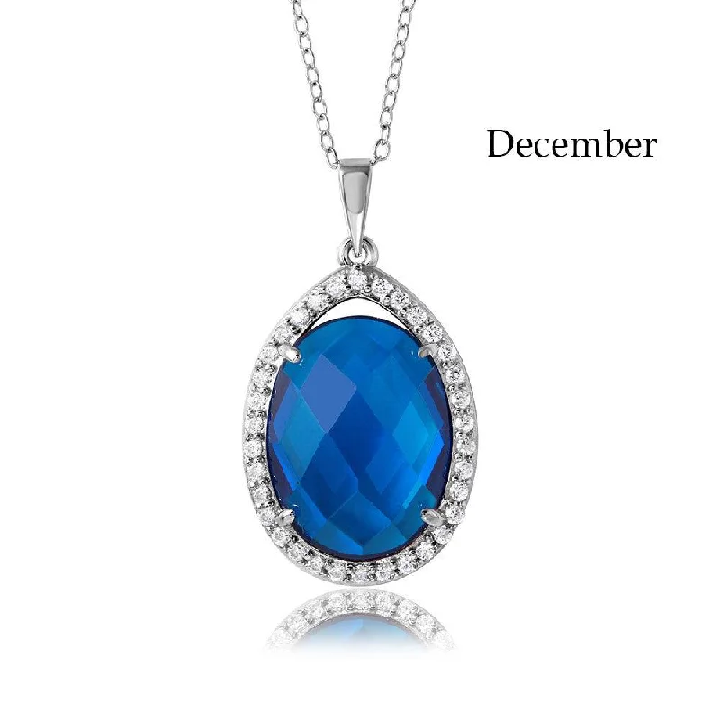 Unique necklaces and pendants with gemstones for a colorful and vibrant statement-Rhodium Plated 925 Sterling Silver Oval CZ December Birthstone Necklace - BGP01034DEC