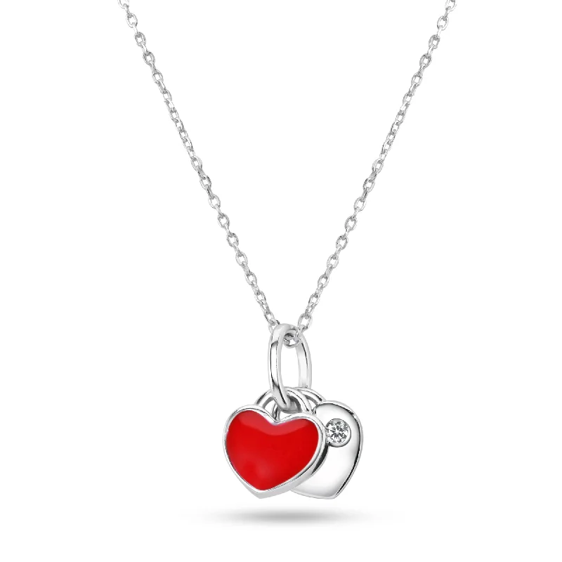 Best necklaces and pendants with intricate beadwork for a bohemian-inspired look-Rhodium Plated 925 Sterling Silver Heart Red Enamel Heart Clear CZ Pendant Necklace - STP01856