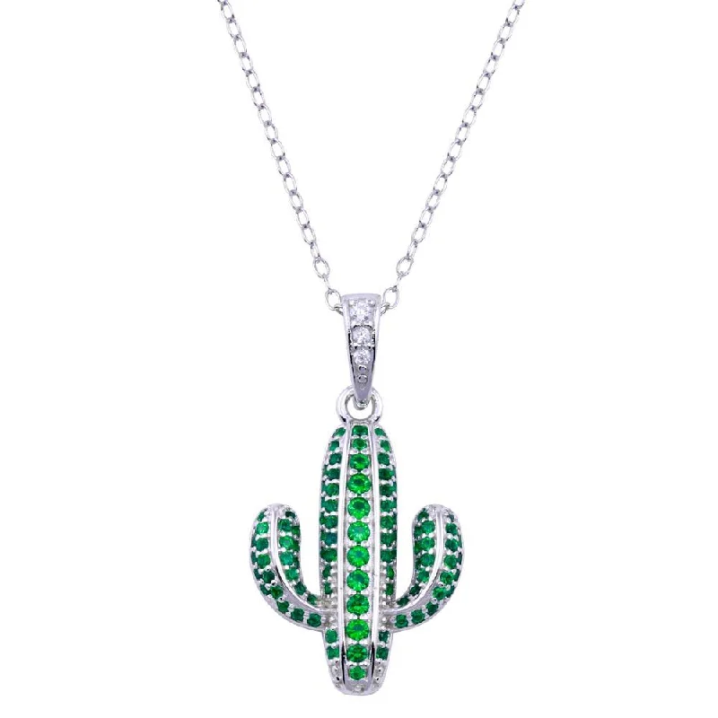 Best necklaces and pendants with black diamonds for an edgy, bold statement-Rhodium Plated 925 Sterling Silver Cactus Green CZ Necklace - BGP01416