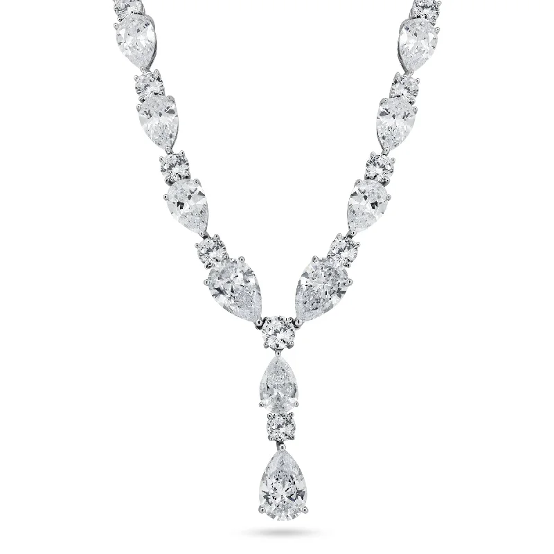 Stylish necklaces and pendants with diamonds for a glamorous and elegant look-Rhodium Plated 925 Sterling Silver Teardrop Clear CZ Tennis Necklace - STP01850