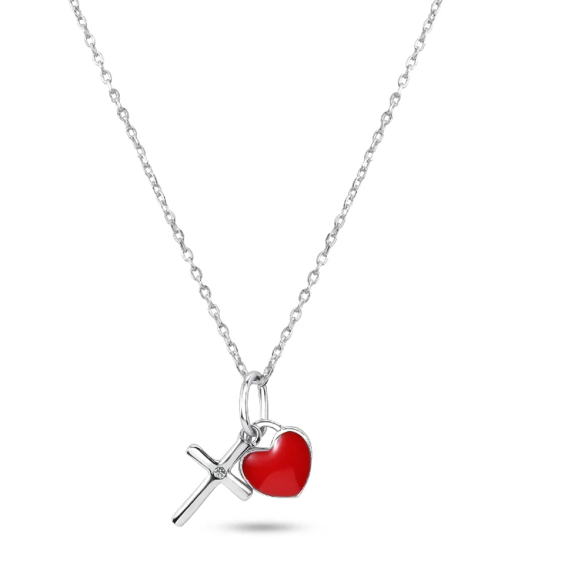 Stunning necklaces and pendants with turquoise and gold for a vibrant, earthy look-Rhodium Plated 925 Sterling Silver Cross Red Enamel Heart Pendant Necklace - STP01853