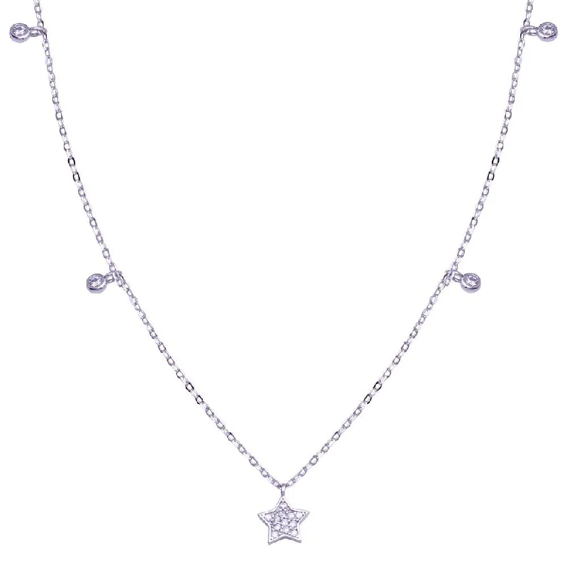 Necklaces and pendants with lock and key designs for a symbolic gesture-Rhodium Plated 925 Sterling Silver Star and Round CZ Necklace - STP01811