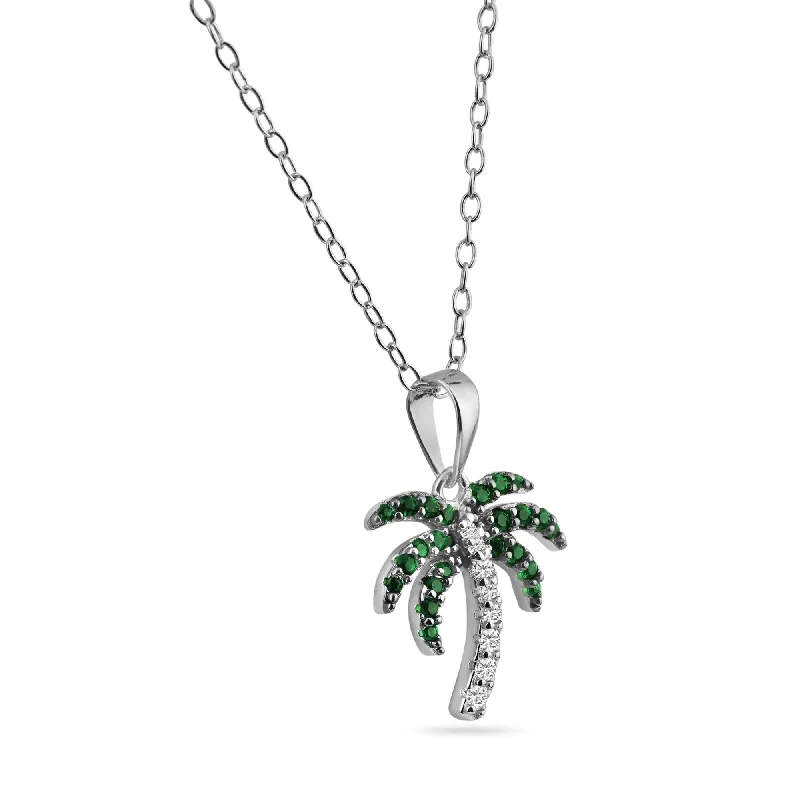 Best necklaces and pendants with adjustable chains for a customizable fit-Rhodium Plated 925 Sterling Silver Green and Clear Palm Tree Pendant Necklace - BGP01456