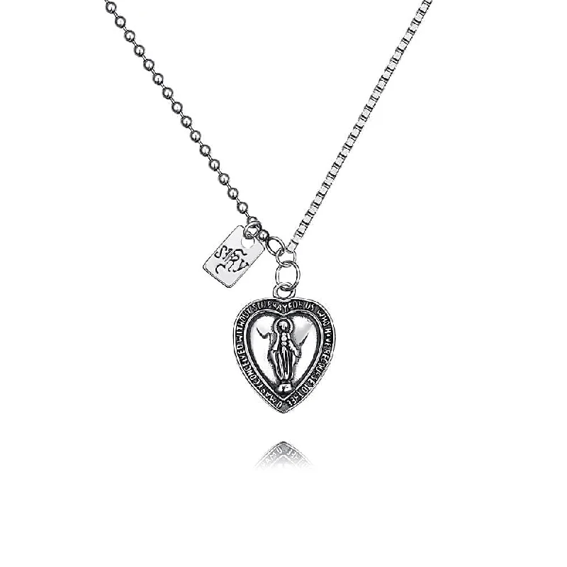 Necklaces and pendants with matching rings for a coordinated set of jewelry-Our Lady of Love Vintage Silver Virgin Mary Necklace