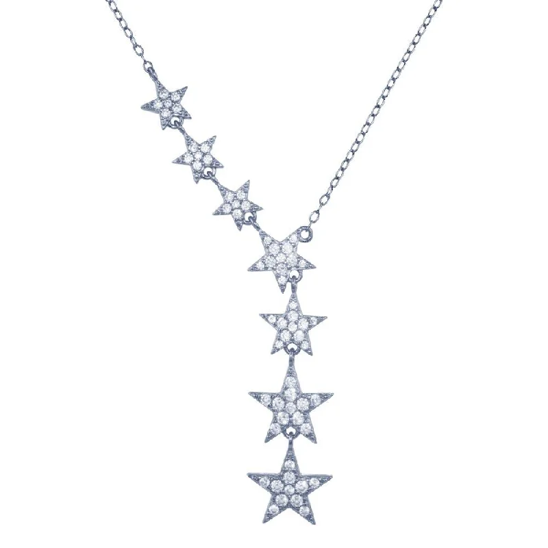 Stunning necklaces and pendants with amethyst gemstones for a calming effect-Rhodium Plated 925 Sterling Silver Stars Clear CZ Necklace - STP01818RH