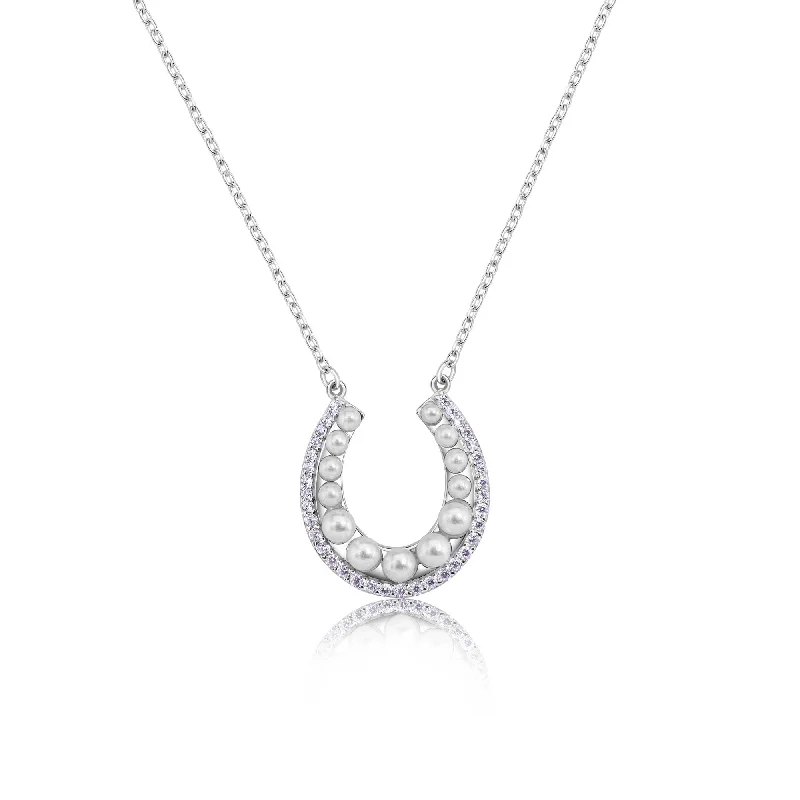 Necklaces and pendants with angel wing motifs for a spiritual, meaningful design-Rhodium Plated 925 Sterling Silver Horseshoe Pearl Clear CZ Necklace - BGP01487