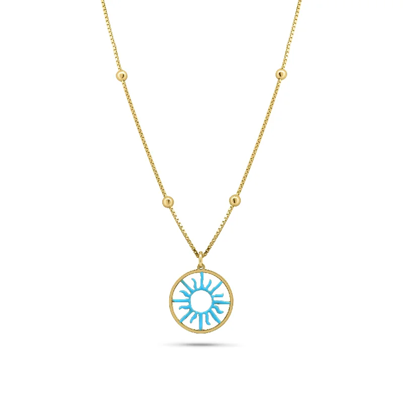 Necklaces and pendants with infinity love symbols for an eternal, romantic gesture-Gold Plated 925 Sterling Silver Turquoise Sun Charm Box Beaded Adjustable Necklace - GCN00003