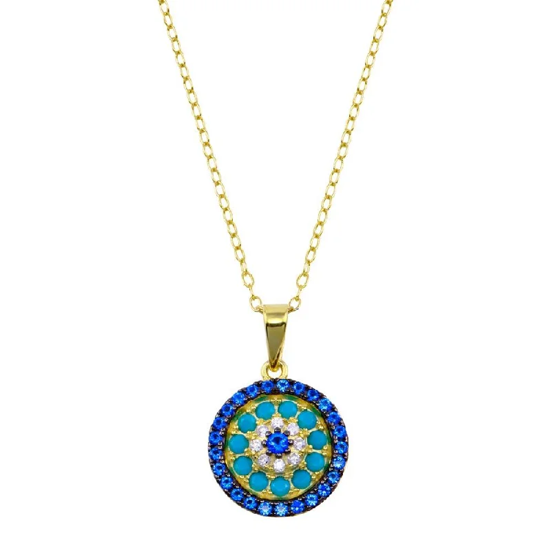 Stunning necklaces and pendants with ruby gemstones for a luxurious red hue-Gold Plated 925 Sterling Silver Round Charm Turquoise Blue CZ Necklace - BGP01420