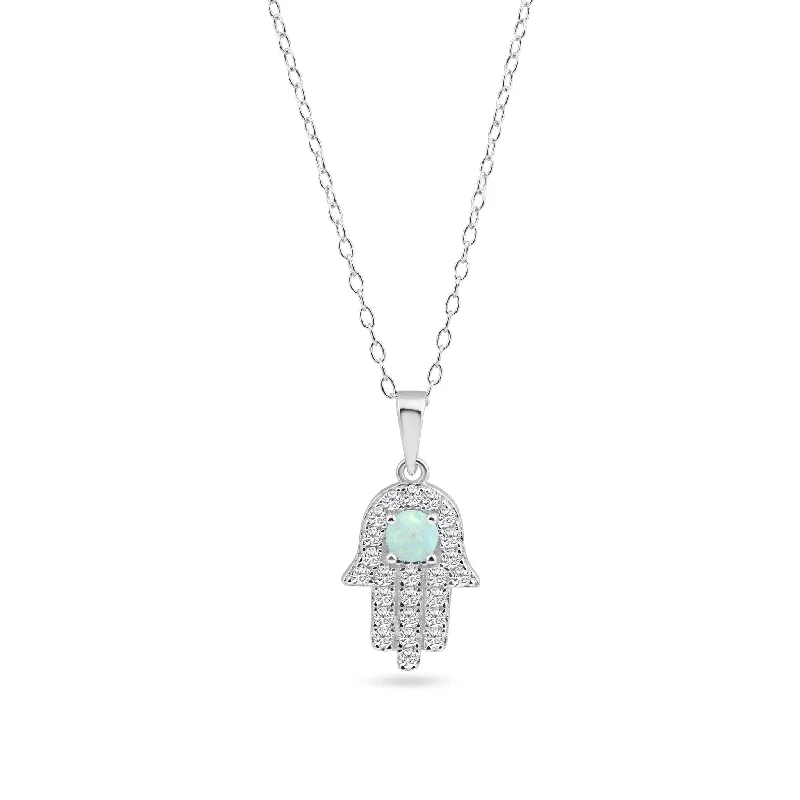 Necklaces and pendants with love knot designs for a romantic, meaningful symbol-Rhodium Plated 925 Sterling Silver Hamsa Opal and Clear CZ Adjustable Necklace - BGP01451