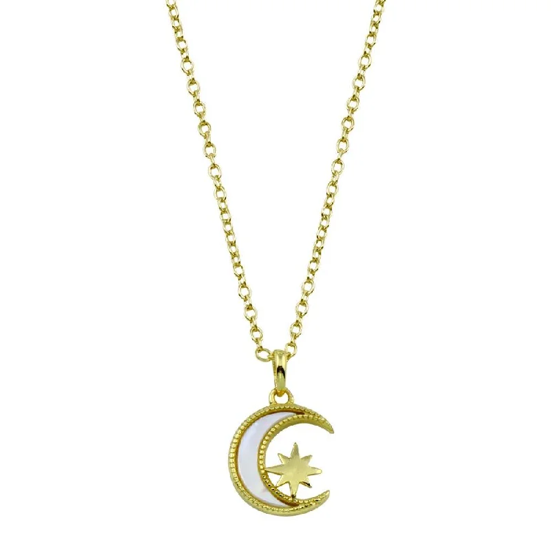 Best necklaces and pendants for everyday wear with minimalist designs-Gold Plated 925 Sterling Silver CZ Synthetic Mother of Pearl Star and Crescent Moon Necklace - STP01773GP