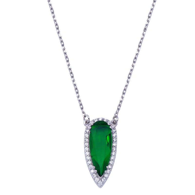 Beautiful necklaces and pendants with butterfly motifs for a whimsical style-Rhodium Plated 925 Sterling Silver Teardrop Green and Clear CZ Necklace - BGP01428