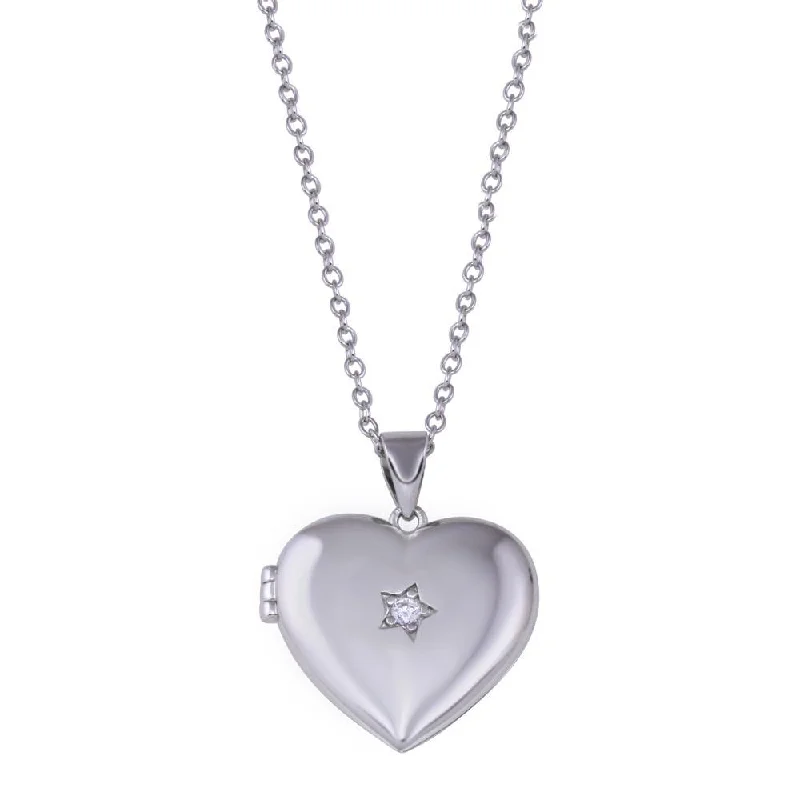 Simple necklaces and pendants with bar pendants for a sleek modern design-Rhodium Plated 925 Sterling Silver Heart Locket Star Clear CZ Necklace - STP01821