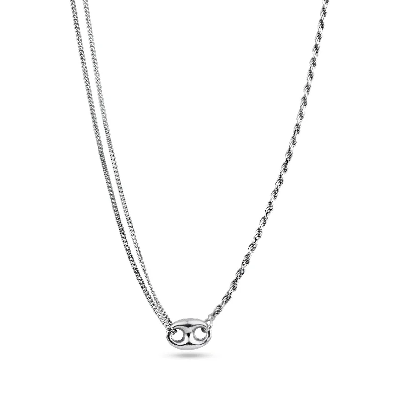 Best necklaces and pendants with silver chains for a sleek, timeless look-Rhodium Plated 925 Sterling Silver Puffed Mariner Double Strand Curb and Rope Adjustable Link Necklace - ITN00159-RH