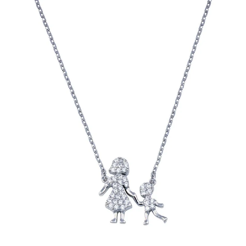 Layered necklaces and pendants for a trendy and fashionable stacked look-Rhodium Plated 925 Sterling Silver CZ Mother and Son Clear CZ Necklace - GMN00111