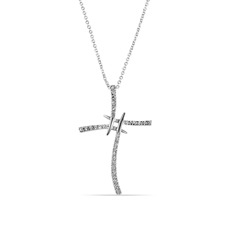 Stylish necklaces and pendants with diamonds for a glamorous and elegant look-Rhodium Plated 925 Sterling Silver Artistic Cross Clear CZ Adjustable Necklace - STP00522