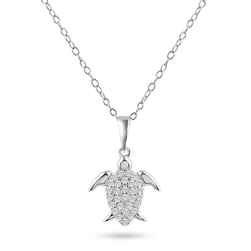 Best necklaces and pendants with crystal accents for a sparkling and elegant style-Rhodium Plated 925 Sterling Silver Turtle Clear CZ Pendant Necklace - BGP01464