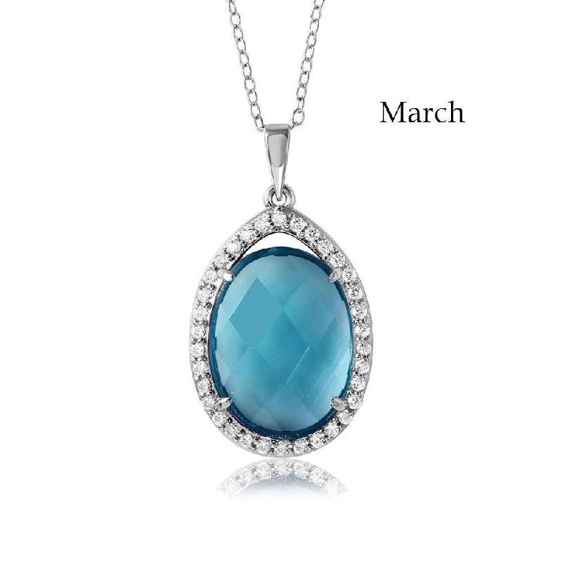 Best necklaces and pendants with crystal accents for a sparkling and elegant style-Rhodium Plated 925 Sterling Silver Oval CZ March Birthstone Necklace - BGP01034MAR