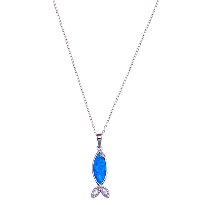 Beautiful necklaces and pendants with tree branch motifs for a nature-inspired design-Rhodium Plated 925 Sterling Silver Blue Opal Fish CZ Necklace - BGP01418