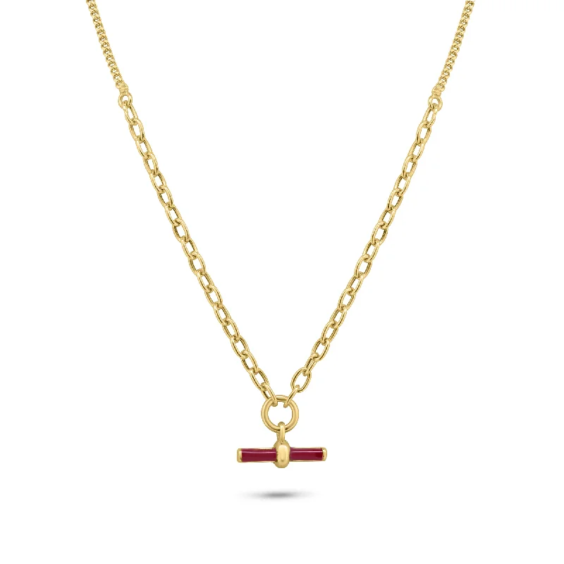 Stunning necklaces and pendants with amethyst gemstones for a calming effect-Gold Plated 925 Sterling Silver Curb Rolo Adjustable Enamel Red Bar Necklace - ITN00168-GP