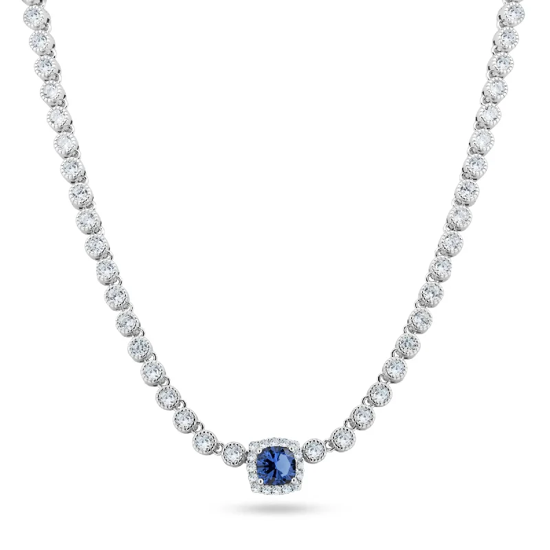 Best necklaces and pendants with rose gold for a warm and romantic appeal-Rhodium Plated 925 Sterling Silver Bubble Tennis CZ Blue Center Stone Necklace - BGP01469BLU