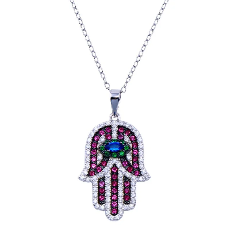 Best necklaces and pendants with minimalist pendants for a sleek, understated look-Rhodium Plated 925 Sterling Silver Hamsa Multicolor CZ Necklace - BGP01426