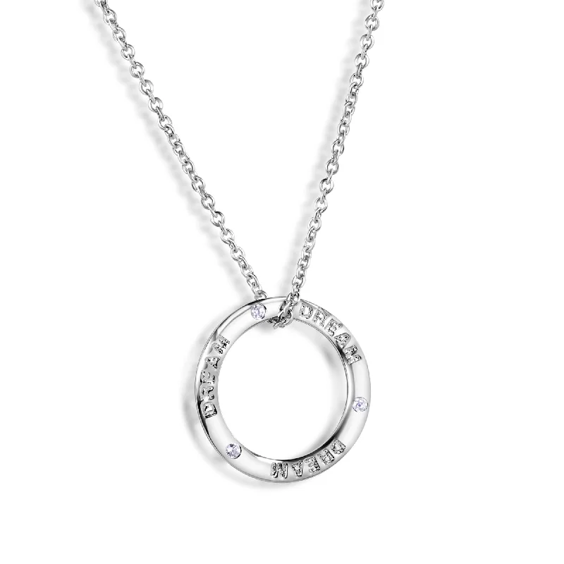 Best necklaces and pendants with gemstone clusters for a bold and colorful effect-Silver 925 Rhodium Plated Clear CZ Open Circle DREAM Engraved Necklace - STP00696A