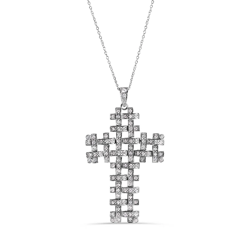 Trendy necklaces and pendants with statement pieces for a bold fashion statement-Rhodium Plated 925 Sterling Silver Weave Cross Clear CZ Pendant Adjustable Necklace - STP00305