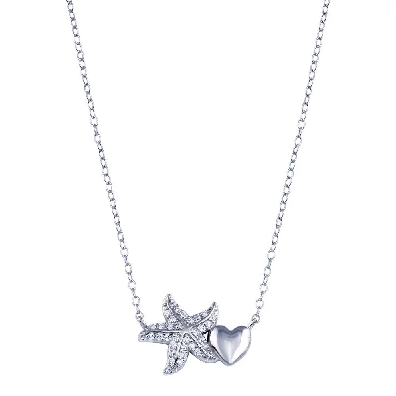 Necklaces and pendants with diamond pendants for a luxurious sparkling effect-Rhodium Plated 925 Sterling Silver Starfish Heart CZ Necklace - STP01782