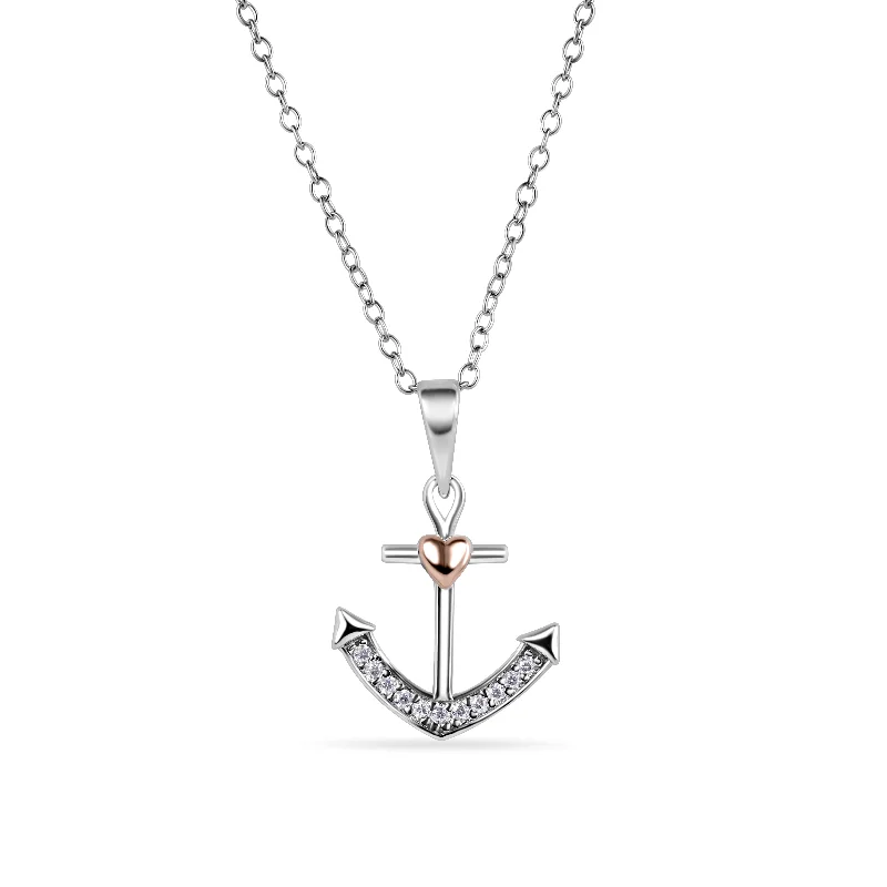 Best necklaces and pendants with intricate filigree for vintage-inspired elegance-Rhodium Plated and Rose Gold Plated 925 Sterling Silver Anchor and Heart Clear CZ Necklace - BGP01488