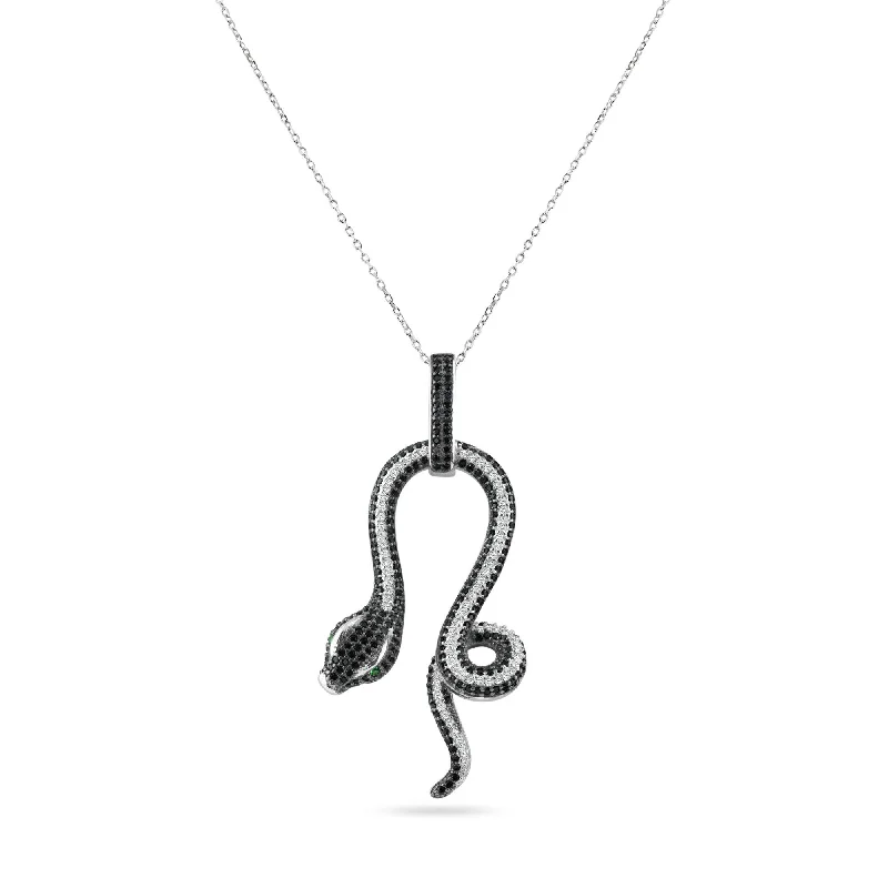 Best necklaces and pendants with minimalist pendants for a sleek, understated look-Rhodium Plated 925 Sterling Silver Snake Black and Clear CZ Stone Pendant Necklace - BGP00893