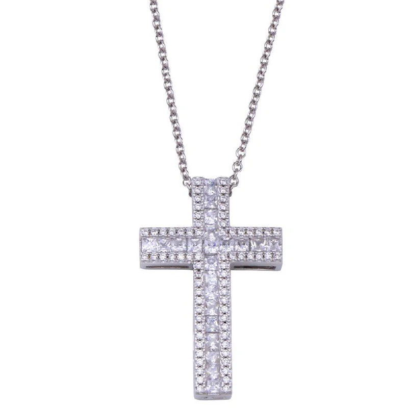 Unique necklaces and pendants with tree of life motifs for nature-inspired elegance-Rhodium Plated 925 Sterling Silver Cross CZ Necklace - BGP01432