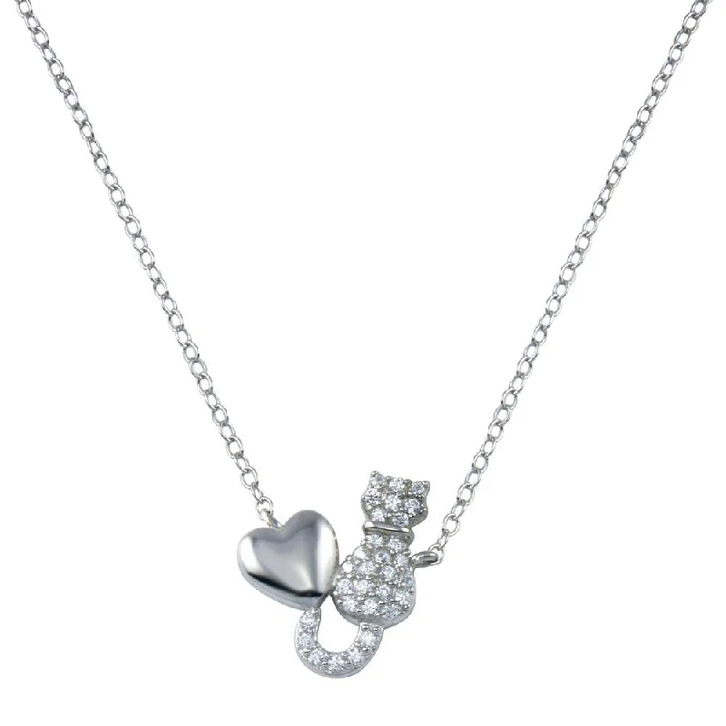 Unique necklaces and pendants with vintage-inspired designs for timeless appeal-Rhodium Plated 925 Sterling Silver Cat Heart Necklace - STP01780