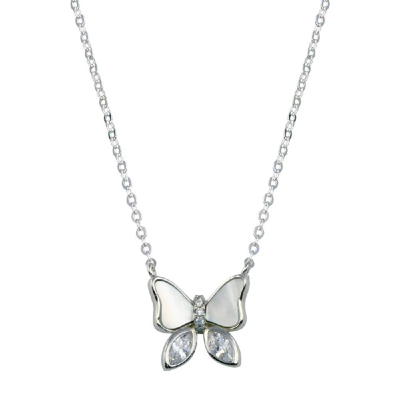 Necklaces and pendants with pearls for a classic and sophisticated touch-Rhodium Plated 925 Sterling Silver Butterfly CZ Mother of Pearl Necklace - STP01765