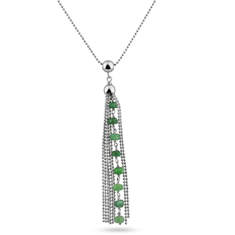 Layered necklaces and pendants for a trendy and fashionable stacked look-Rhodium Plated 925 Sterling Silver Bead Chain with Dropped Emerald Bead Necklace - DIN00068RH-EM