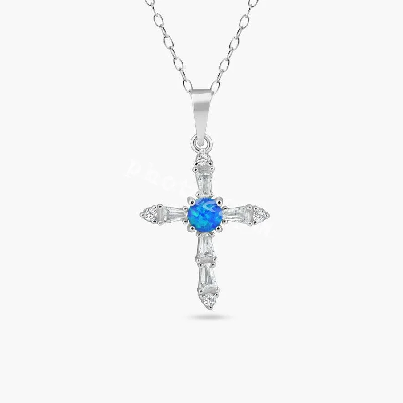 Unique necklaces and pendants with gemstones for a colorful and vibrant statement-Rhodium Plated 925 Sterling Silver Blue Synthetic Opal Cross Necklace - BGP01452