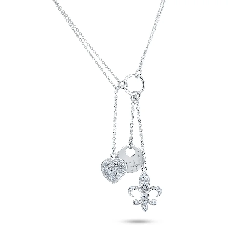 Best necklaces and pendants with intricate filigree for vintage-inspired elegance-Clearance-Rhodium Plated 925 Sterling Silver Clear CZ Flor De Lis, Heart, Disc Charm Necklace - STP00850