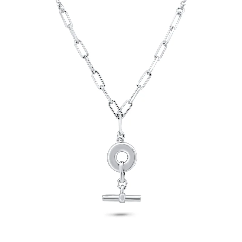 Unique necklaces and pendants with artistic shapes for a creative, one-of-a-kind design-Rhodium Plated 925 Sterling Silver Paperclip Rolo Adjustable Donut and Bar Necklace - ITN00162-RH