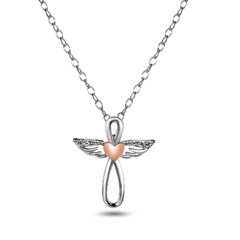 Necklaces and pendants with enamel accents for a colorful, eye-catching appearance-Rhodium Plated 925 Sterling Silver CZ RGP Heart Angel Necklace - BGP01481