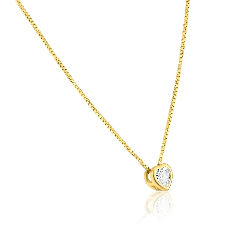 Personalized necklaces and pendants with coordinates for a meaningful location-based gift-Gold Plated Heart Pendant Clear CZ Solitaire Necklace - GCP00003GP