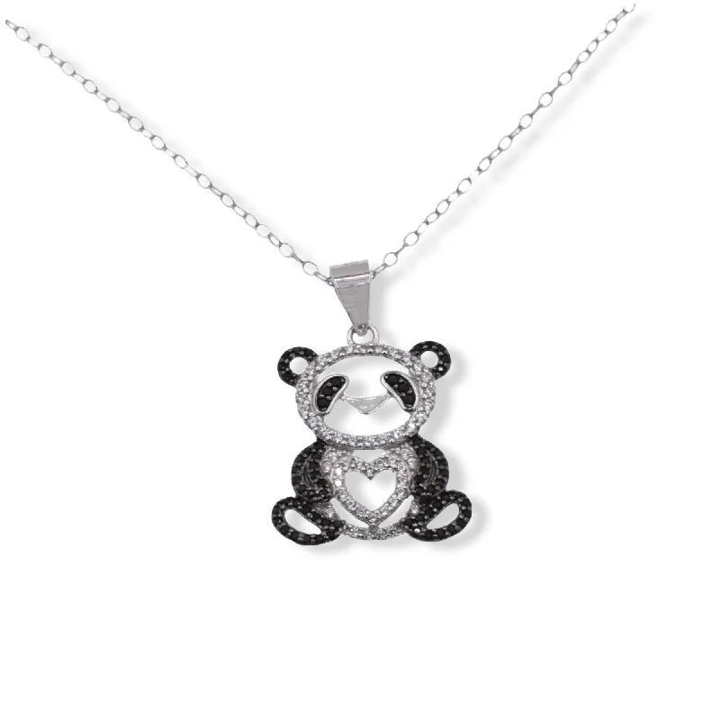 Best necklaces and pendants with oval pendants for a classic, elegant shape-Rhodium Plated 925 Sterling Silver Panda Heart Black and Clear CZ Pendant Necklace - STP01857