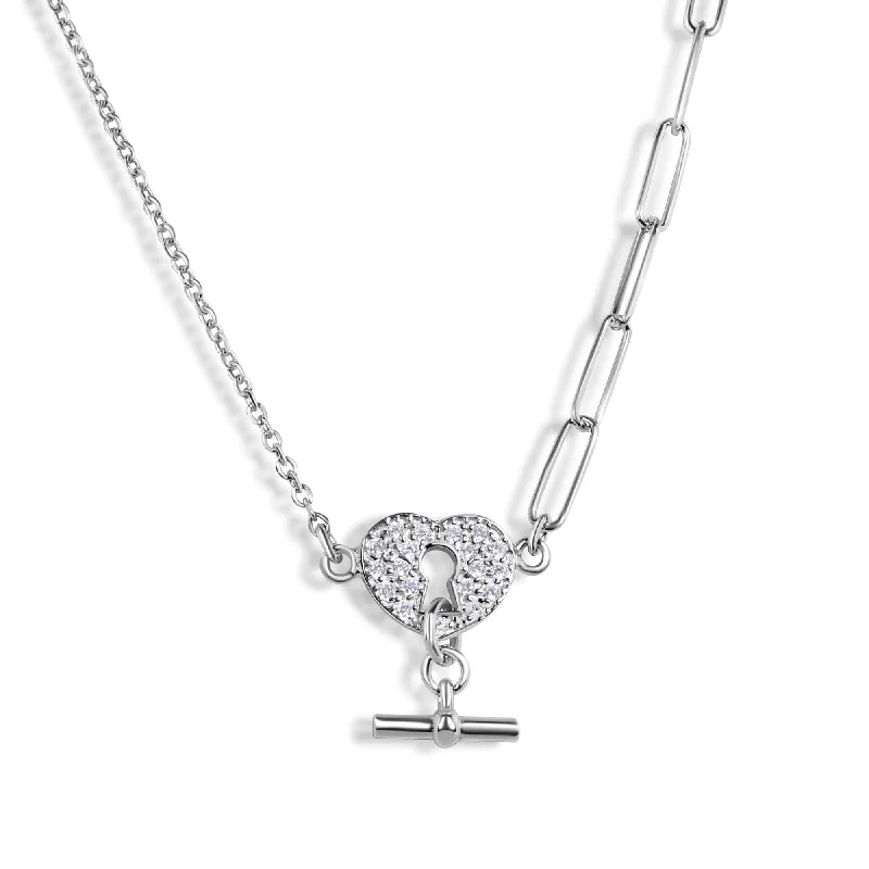 Best necklaces and pendants with emerald gemstones for a rich, sophisticated design-Rhodium Plated 925 Sterling Silver Paperclip Rolo Chains Heart Center Necklace - ITN00164-RH